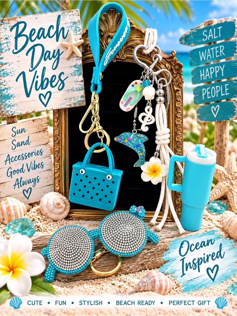 Beach day, vibes, keychain bag charm set